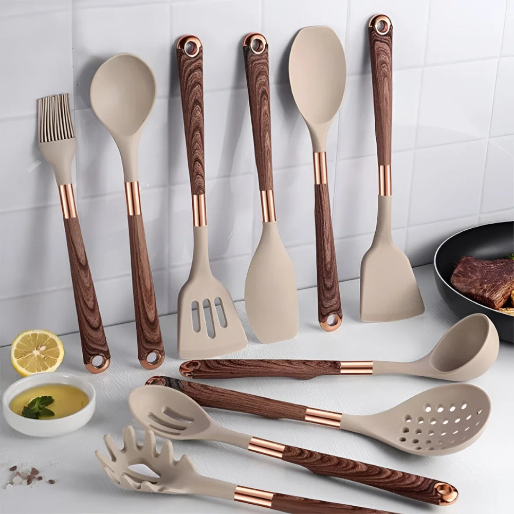 Heat-Resistant Silicone Kitchen Tool Set - 10-Piece Non-Stick Cooking Utensil Collection with Soft Grip Handles for Everyday Meal Prep | Thomler