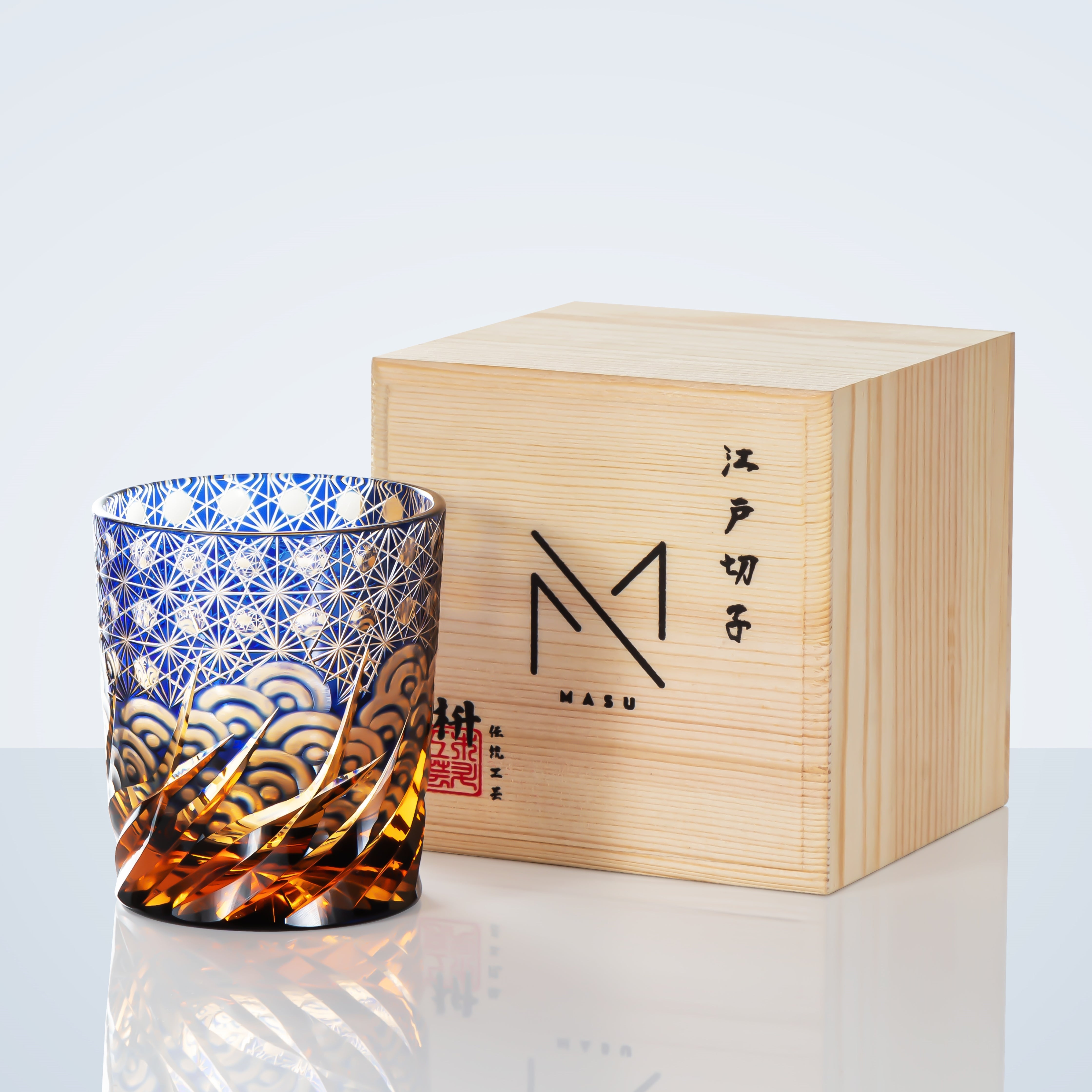 Whiskey Glass Handmade Cut Glass Blue Amber Japanese Whisky Tumbler Gift Collectible Barware Wooden Box | Thomler