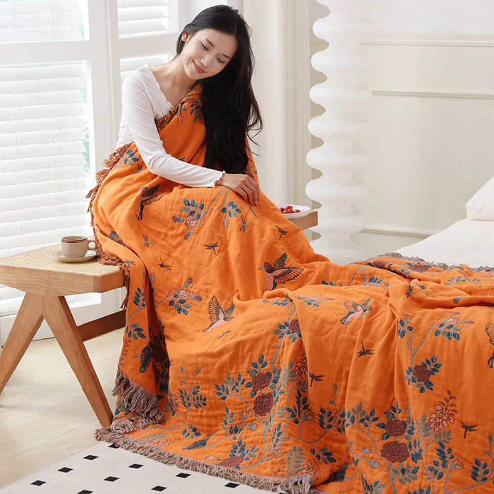 Layered Cotton Gauze Throw Blanket with Tassels – Jacquard Textured Woven Coverlet for Bed Couch Sofa Living Room Bedroom Decor | Thomler