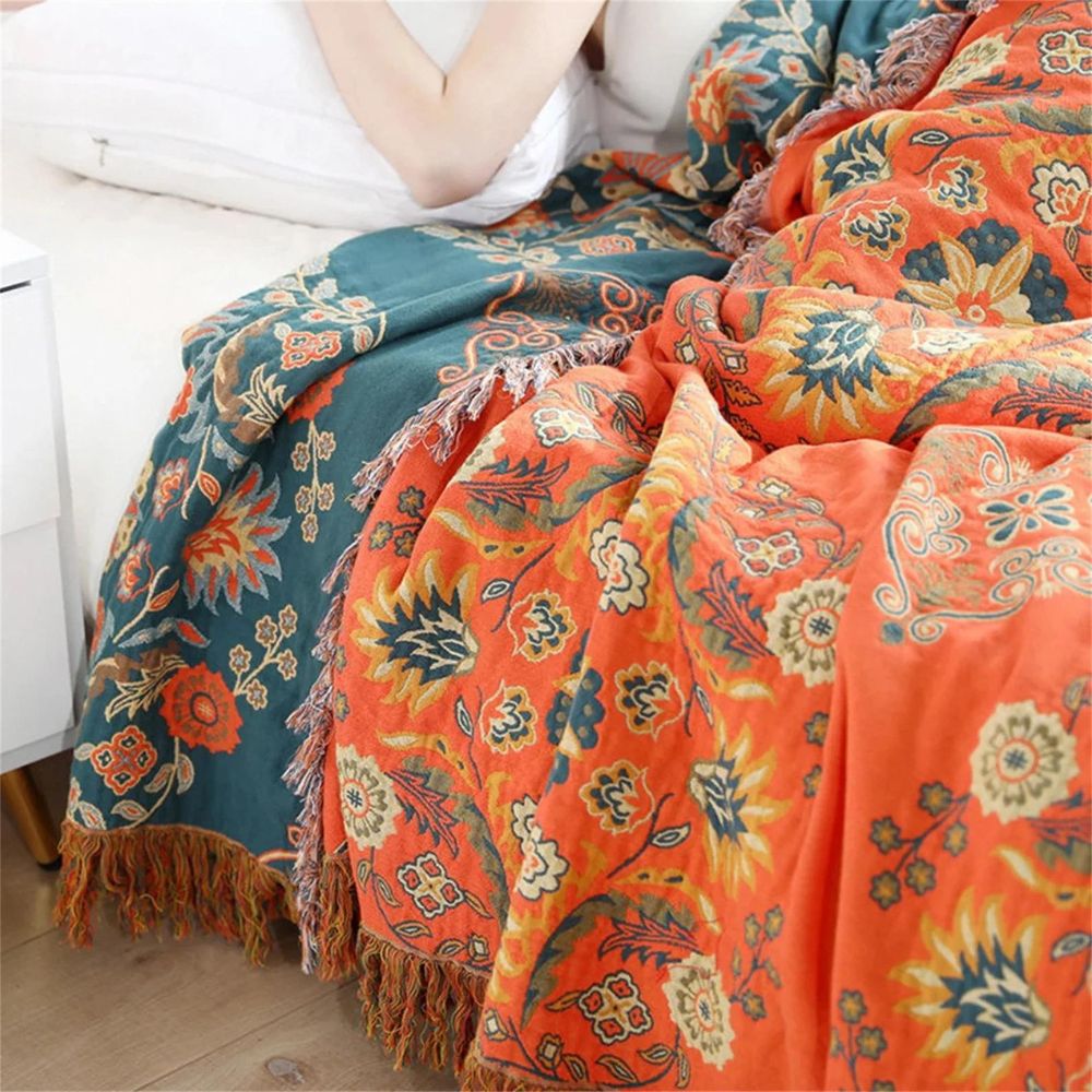 Reversible Cotton Throw Blanket with Floral Pattern Orange & Teal for Couch Sofa Bed Picnic Beach Home Decor | Thomler