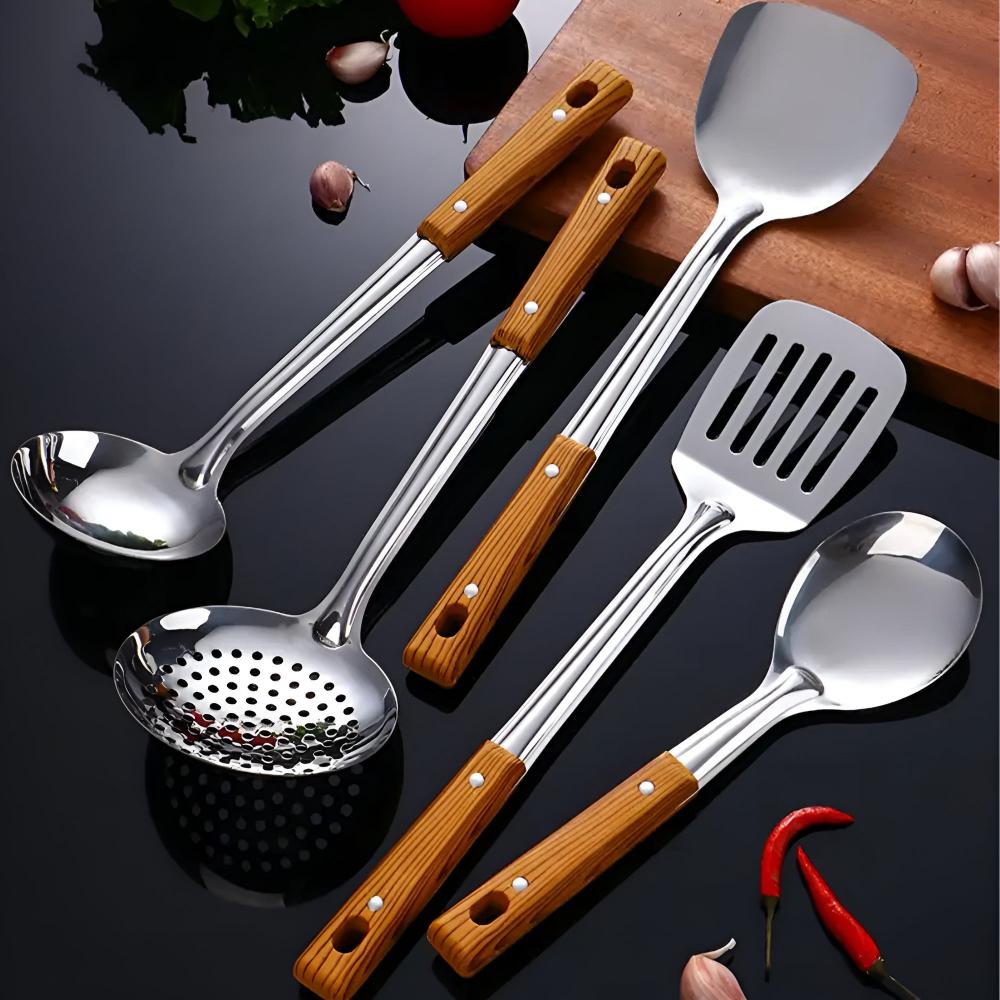 Kitchen Utensil Set Stainless Steel Wooden Handle 5 Piece Everyday Cooking Serving Tools Non Stick Safe Kitchen Accessories | Thomler