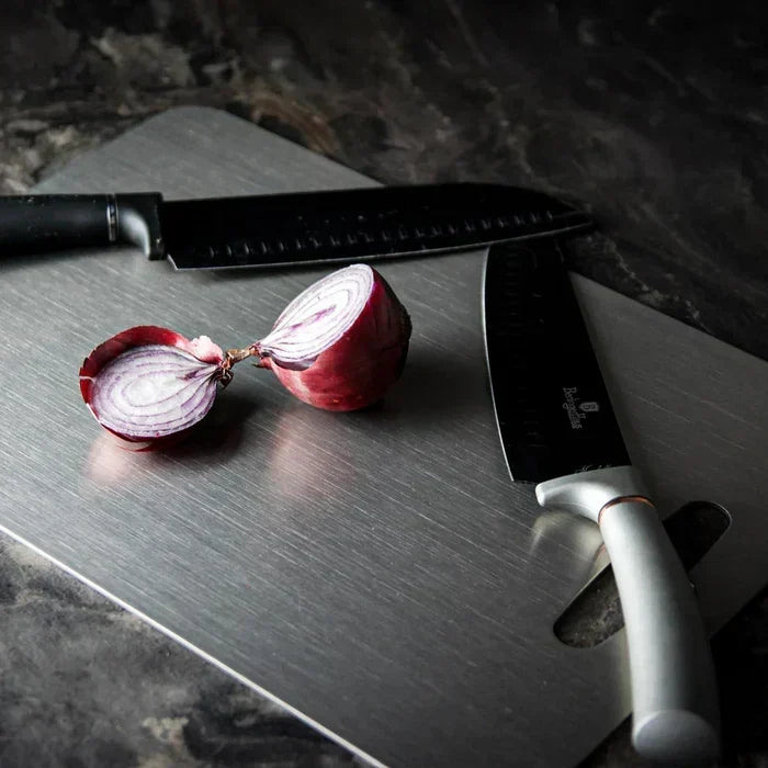 Medical-Grade Titanium Cutting Board – Bacteria Resistant, Blade Safe, Silver Finish | Thomler