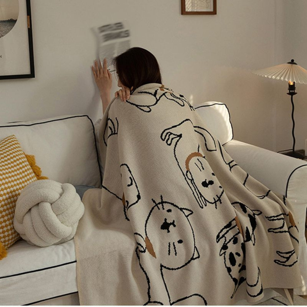 Cat Pattern Throw Blanket – 100% Cotton Weave – Breathable All-Season Bed & Sofa Cover | Thomler