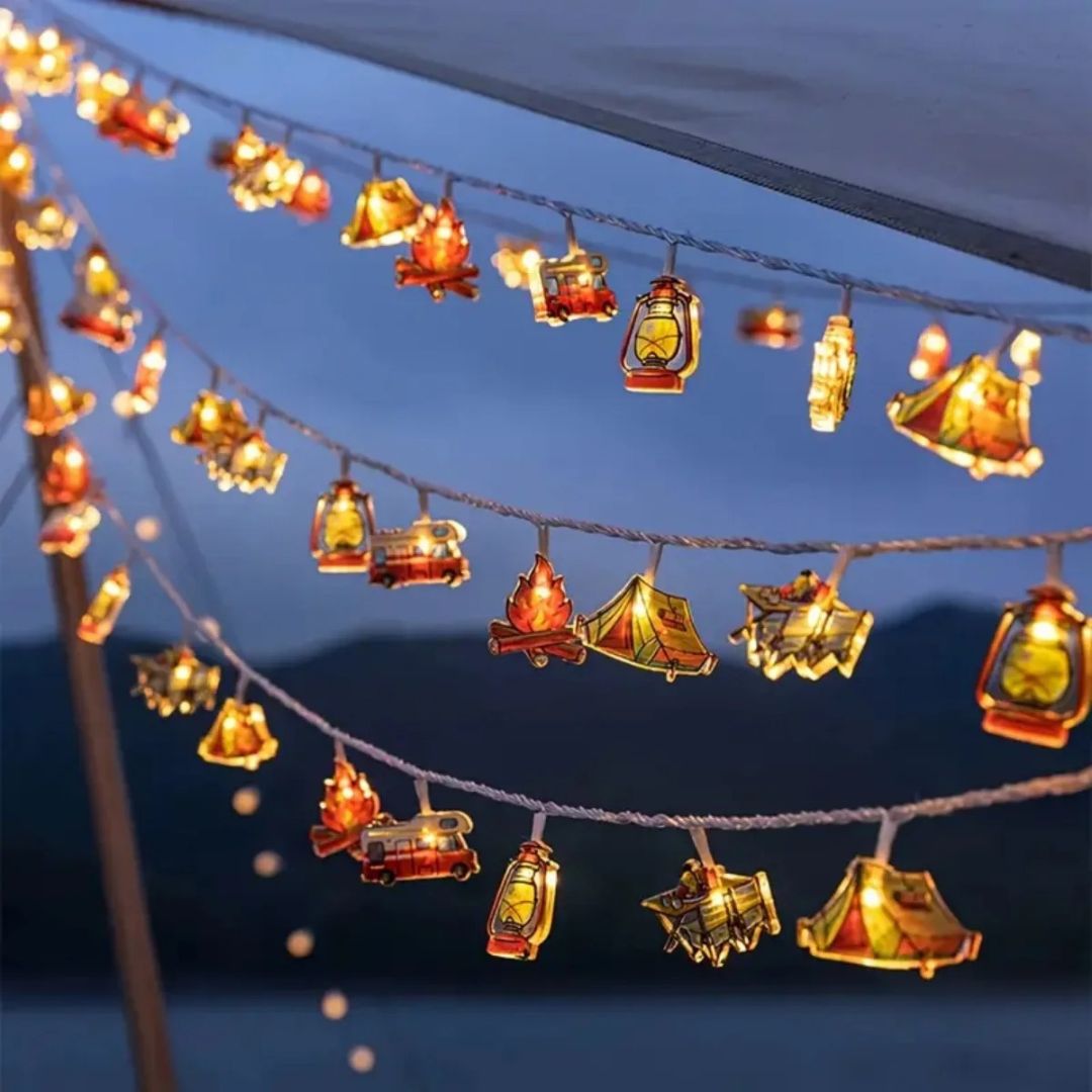 Camping-Themed LED Fairy Lights – Battery-Powered Indoor Outdoor String Lights with Tent, Campfire & Lantern Icons for Patio, Backyard & | Thomler