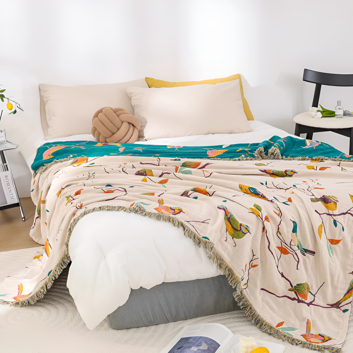 Woven Cotton Throw Blanket with Fringe Tassels & Avian Motif – Breathable, Lightweight Bed or Couch Cover for Boho Living Room, Guest | Thomler