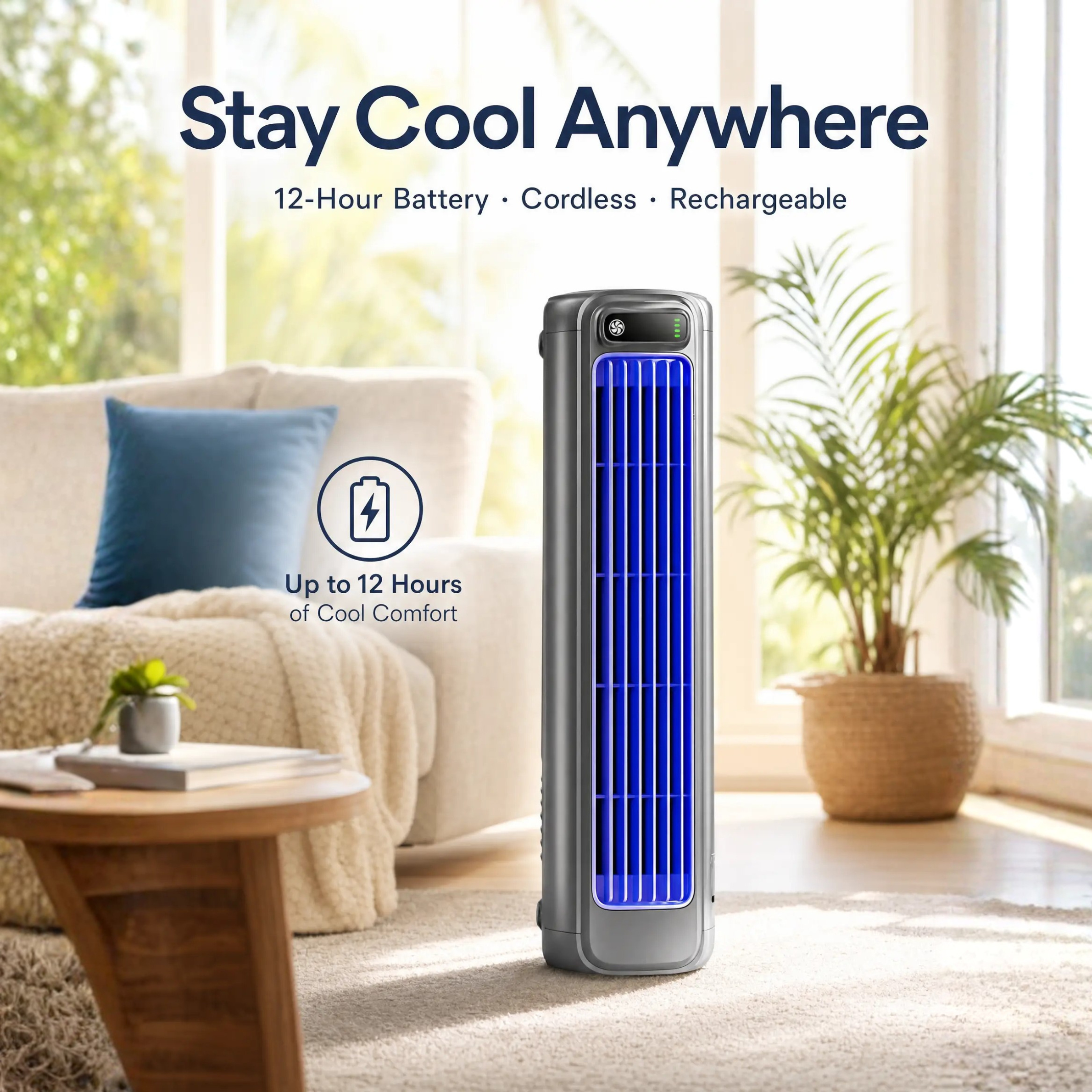 Rechargeable Cordless Personal Cooling Fan Tower with 12-Hour Battery Life – Bladeless Quiet Airflow, Desktop & Wall Mount, Lightweight for | Thomler