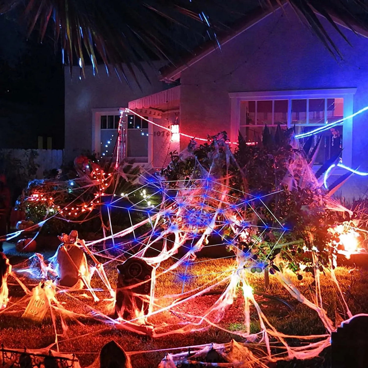 LED Cobweb Light with Remote – 12 ft Illuminated Spider Web for Halloween Parties & Haunted Displays | Thomler