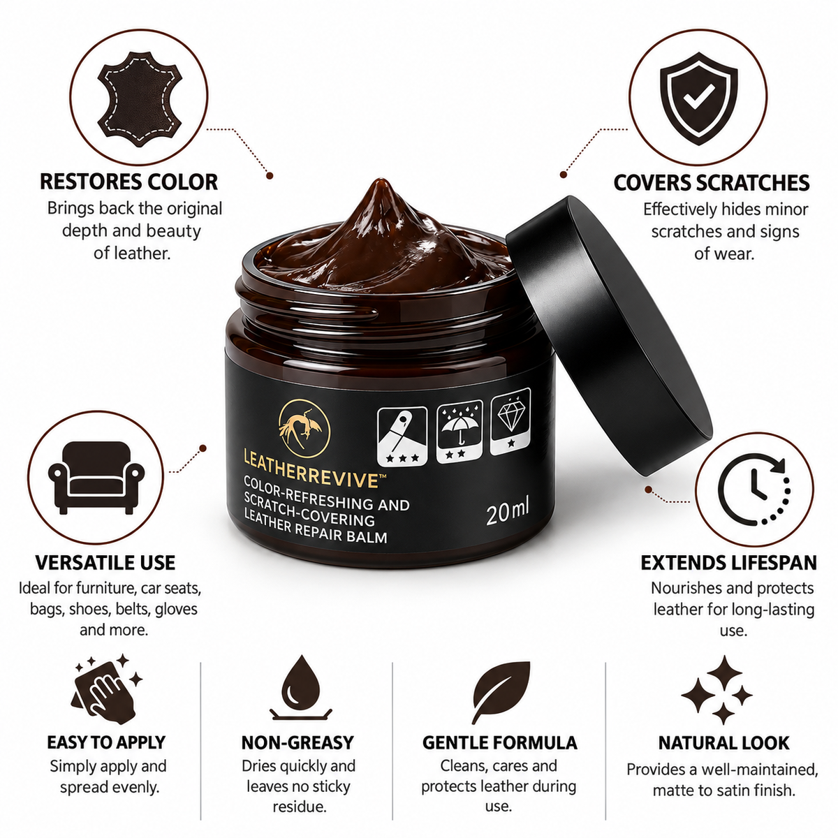 Leather Repair & Color Restoring Balm for Furniture, Car Seats & Accessories | Thomler