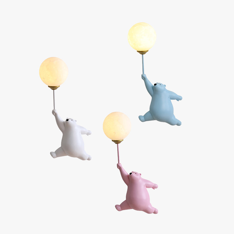 Bear with Balloon Wall Sconce Light for Kids Room Nursery Bedroom Playroom Resin Animal Design Accent Lighting White Blue Pink | Thomler