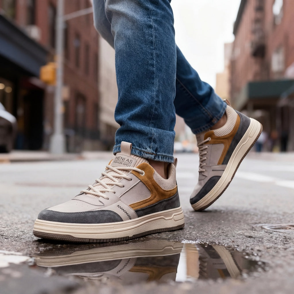 Men's Leather Low-Top Sneakers with Knit Accent Panels & Cushioned Insole | Thomler