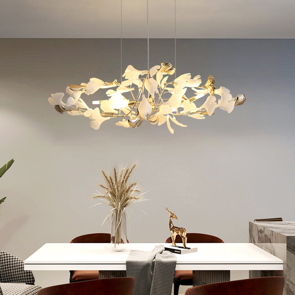 Ceramic Leaf Cluster Pendant Light with Adjustable Cord – Gold Metal Frame Multi-Bulb Chandelier for Dining Room, Living Room & Bedroom | Thomler