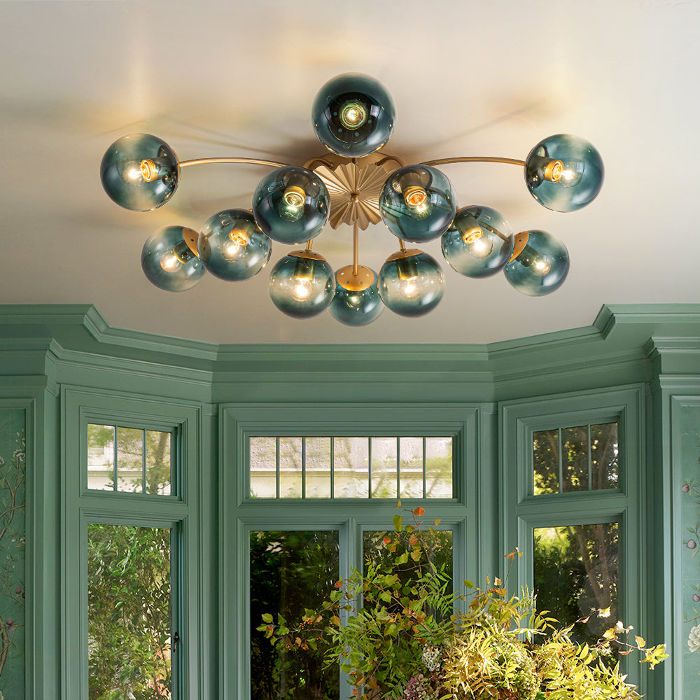12-Arm Starburst Ceiling Light with Gradient Azure Sphere Shades & Metallic Finish for Entryway | Thomler