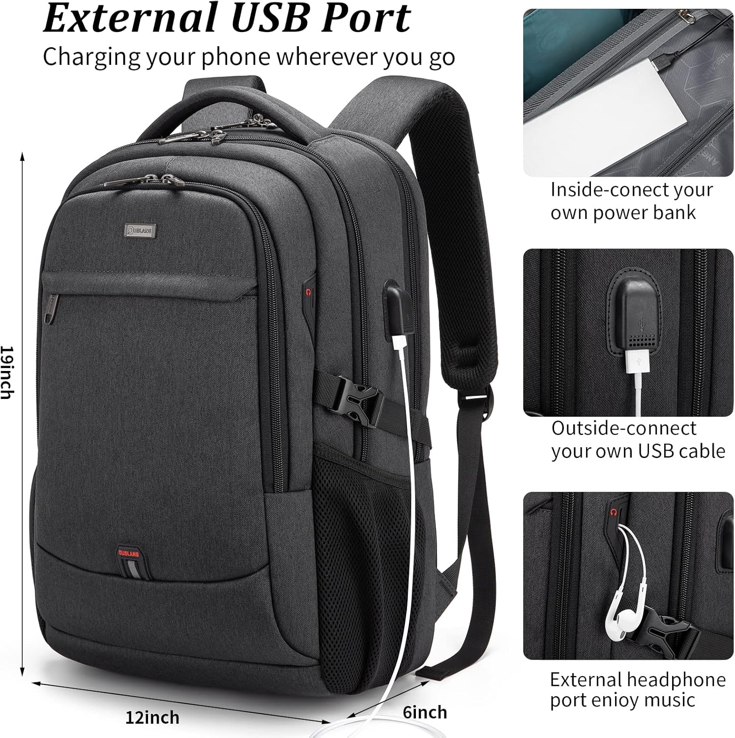 Travel Backpack with USB Charging Port for Laptops up to 17 Inches | Water-Resistant Daypack with Anti-Theft Pocket for Business Work School | Thomler