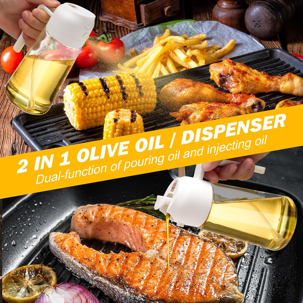 Dual-Function Glass Cooking Oil Bottle with Mister & Pour Spout – 16 oz, 2-Pack | Thomler