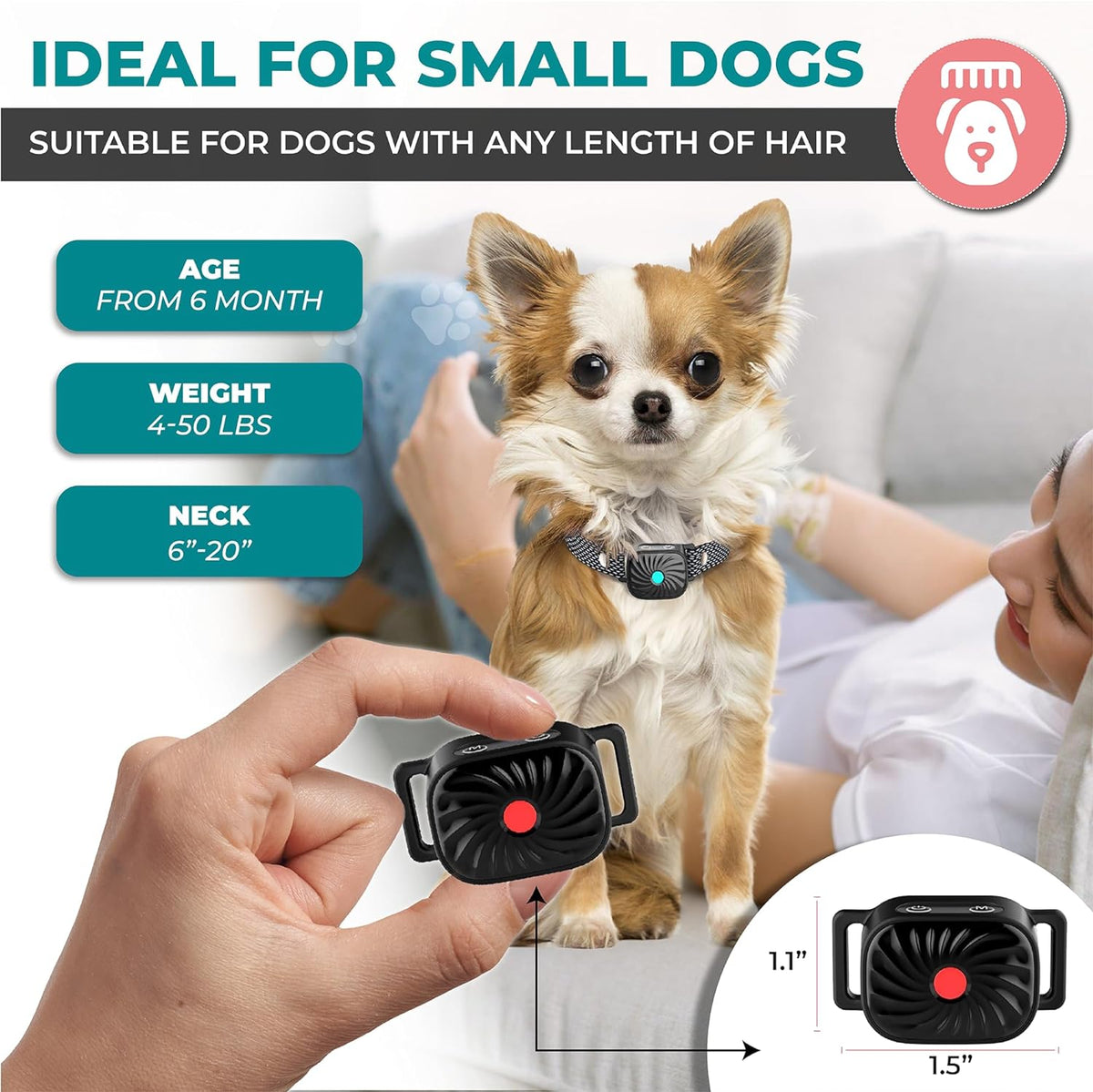 Vibration Bark Control Collar for Small Dogs & Puppies – Adjustable 6-20 Inch Strap, 4 Levels, Waterproof IP87, 30-Day Battery | Thomler