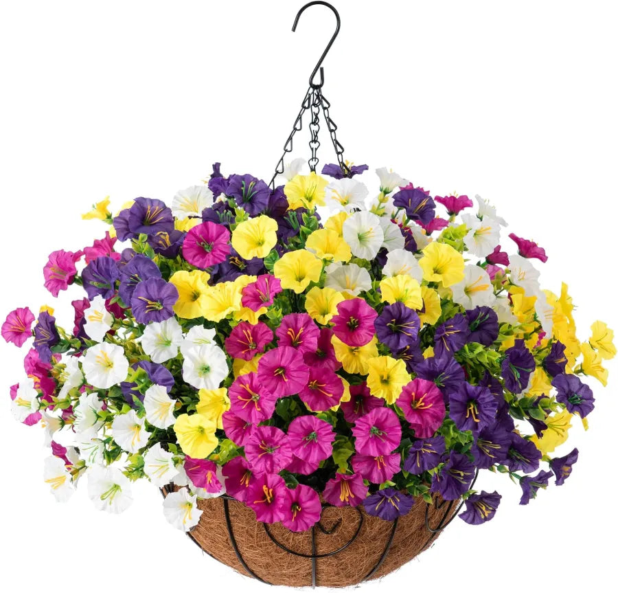 Hanging Basket Flowers Artificial Silk for Outdoor Indoor Decor | Weather-Resistant Faux Blooms in 7 Colors, Year-Round | Thomler