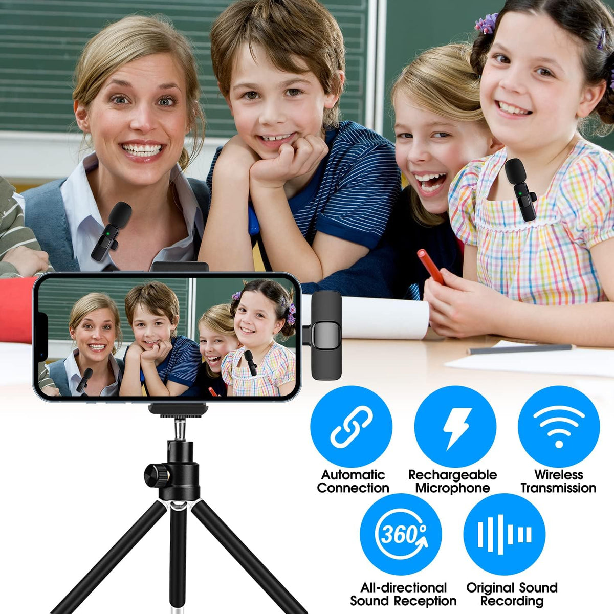 Dual Clip-On Lavalier Mic Set – 2.4GHz Wireless Audio System, 65 ft Range, 8-Hour Battery, Lightning Receiver for iOS Devices, Podcasting | Thomler