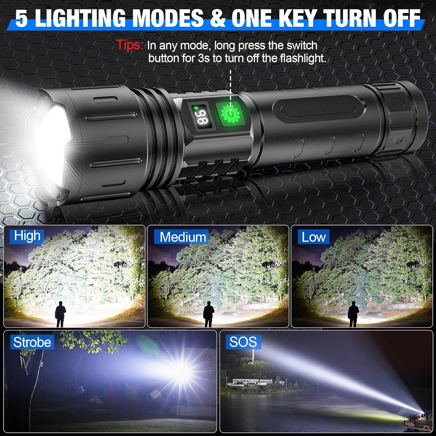 Rechargeable LED Tactical Flashlight 100000 Lumens 3280ft Beam USB-C Powerbank Zoomable 5 Modes IPX5 for Camping Outdoor Emergency | Thomler