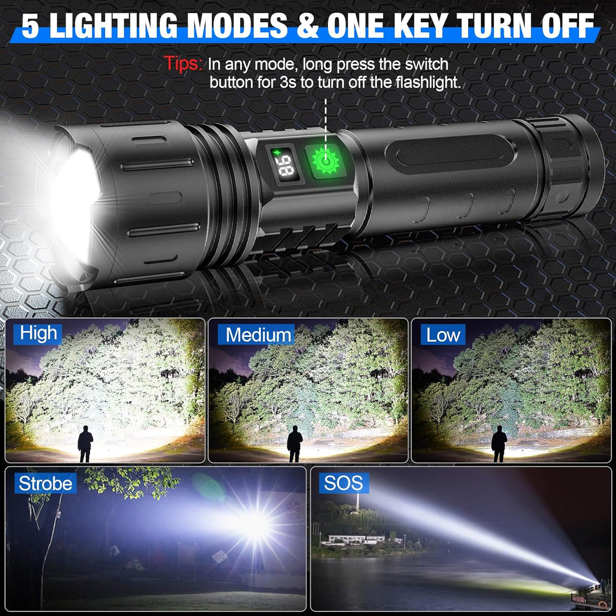 Rechargeable Tactical Flashlight – Ultra Bright LED with 5 Modes, Adjustable Zoom & LCD Display for Camping, Power Outages & Outdoor | Thomler
