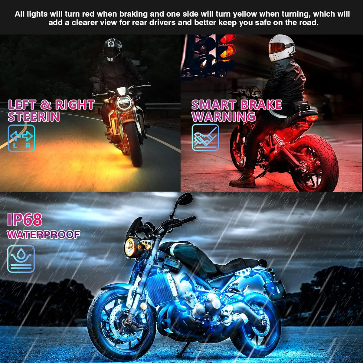 RGB LED Motorcycle Accent Light Strips with Integrated Safety Signals – 12-Piece Multi-Zone Kit | Thomler
