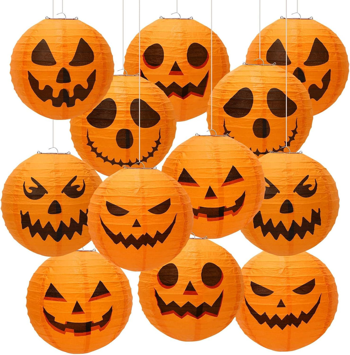 Orange Jack-O'-Lantern Paper Sphere Set – 12-Pack Folding Pumpkin Decorations for Ceiling, Porch & Yard Displays | Thomler