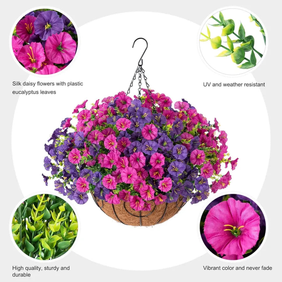Hanging Basket Flowers Artificial Silk for Outdoor Indoor Decor | Weather-Resistant Faux Blooms in 7 Colors, Year-Round | Thomler