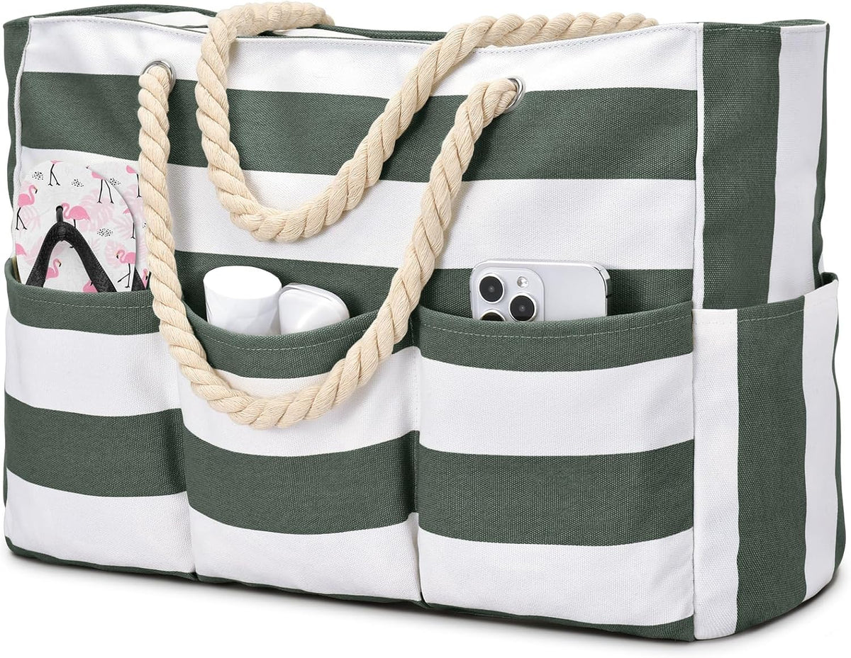 Zippered Canvas Tote Bag for Beach Days – Water-Resistant 7-Pocket Organizer, Padded Straps, Fits Towels & Gear for Pool, Lake & Travel | Thomler