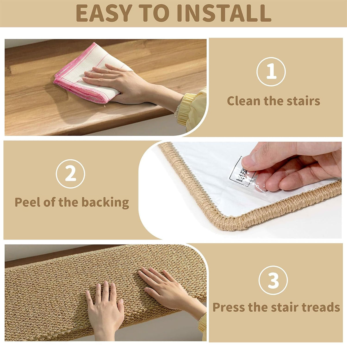 Cushioned Step Covers with Rounded Nose – Self-Adhesive Stairway Pads for Wood & Tile – 14-Pack Set – Beige | Thomler