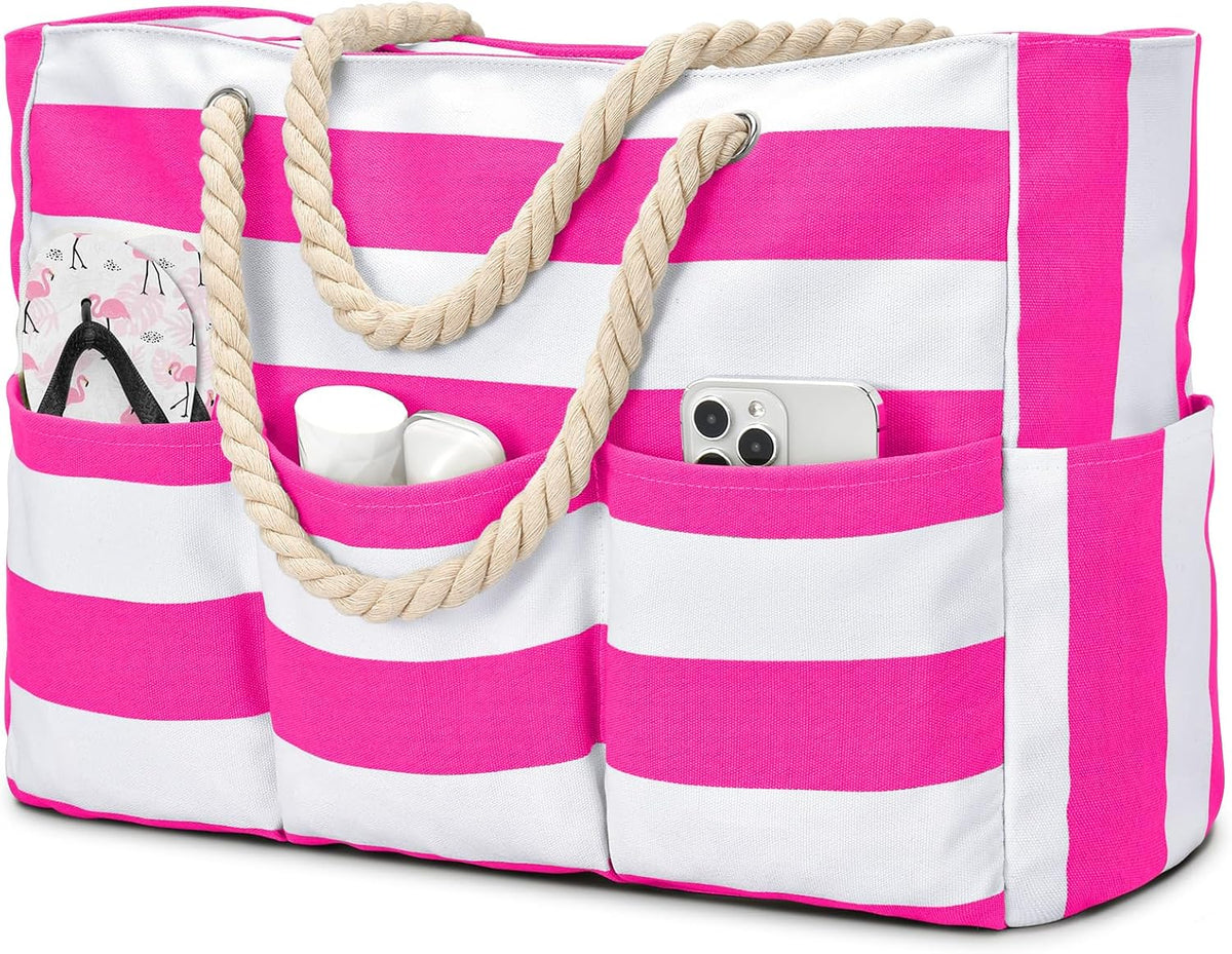 Zippered Canvas Tote Bag for Beach Days – Water-Resistant 7-Pocket Organizer, Padded Straps, Fits Towels & Gear for Pool, Lake & Travel | Thomler