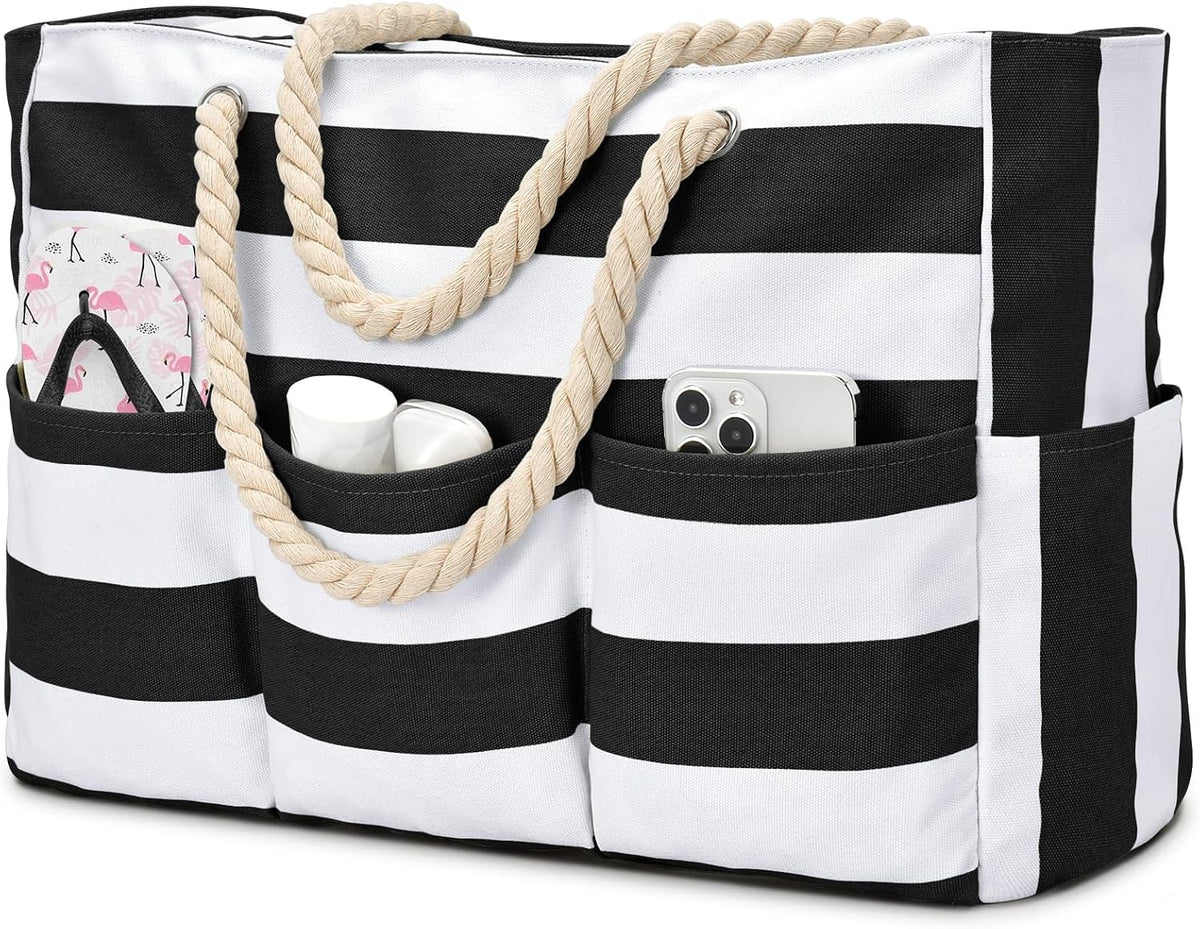 Zippered Canvas Tote Bag for Beach Days – Water-Resistant 7-Pocket Organizer, Padded Straps, Fits Towels & Gear for Pool, Lake & Travel | Thomler
