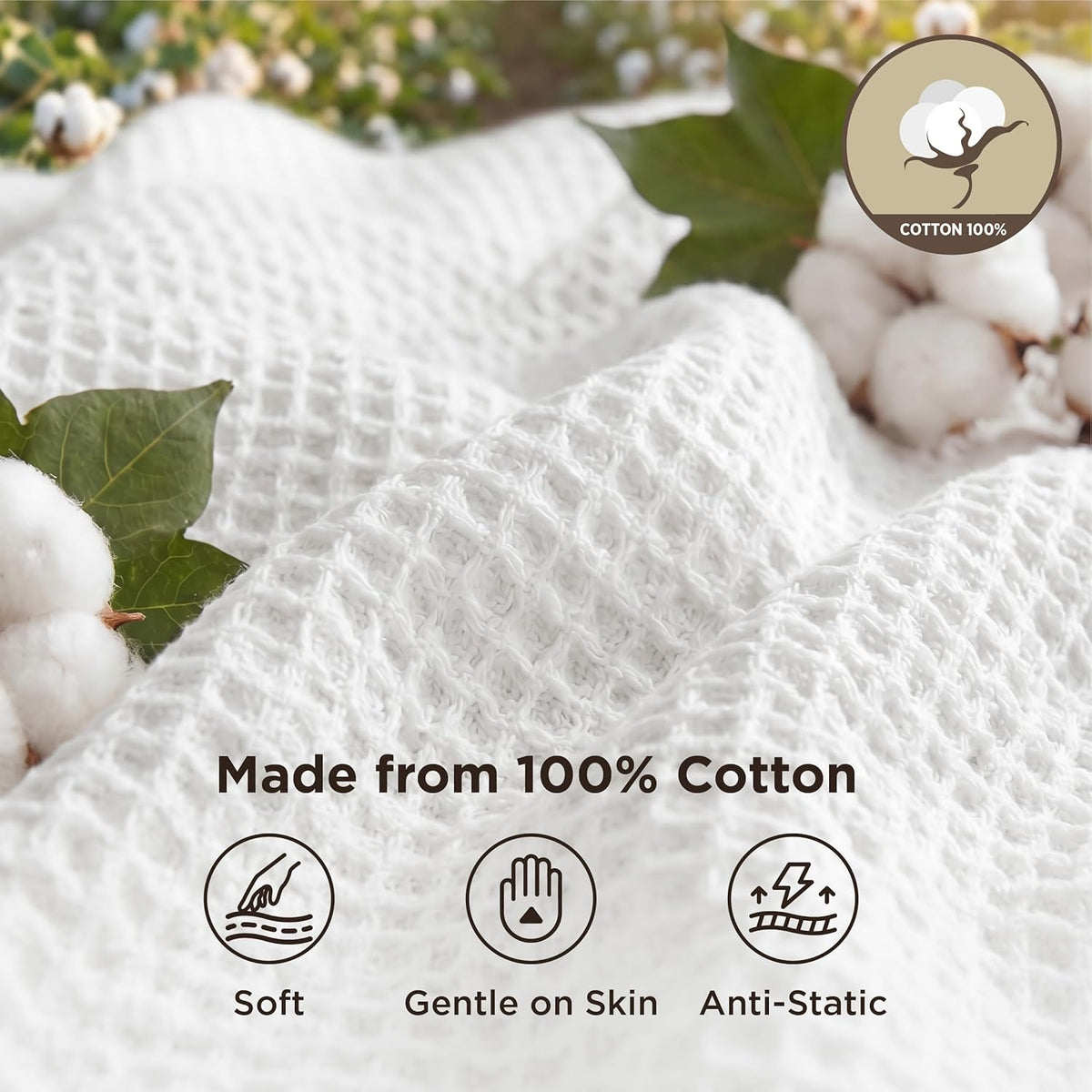 Pure Cotton Thermal Blanket – Queen 90×90 in – Textured Weave Layer for All Seasons – Lightweight & Breathable Throw for Bed or Sofa | Thomler