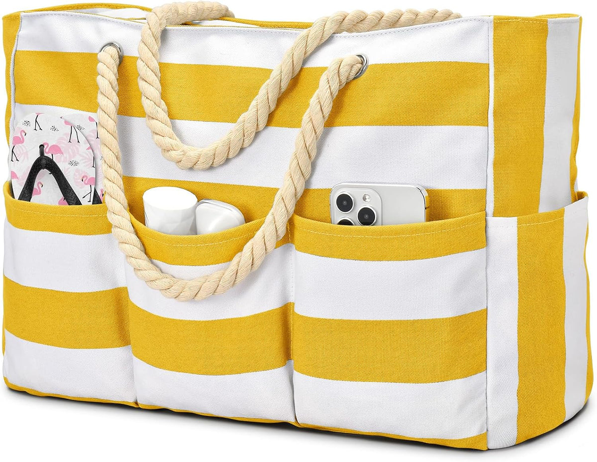 Zippered Canvas Tote Bag for Beach Days – Water-Resistant 7-Pocket Organizer, Padded Straps, Fits Towels & Gear for Pool, Lake & Travel | Thomler