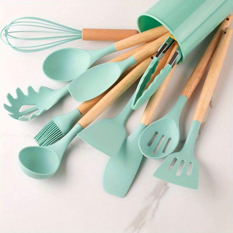 12-Piece Silicone Kitchen Utensil Set with Wooden Handles – Heat Resistant to 446°F, Dishwasher Safe, BPA-Free Cooking Tools | Thomler