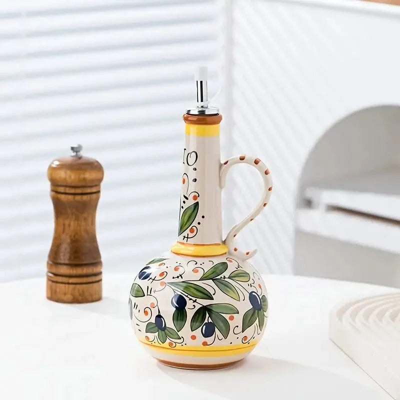 Hand-Painted Ceramic Oil Bottle with Stainless Steel Pourer – 24 oz Capacity | Thomler