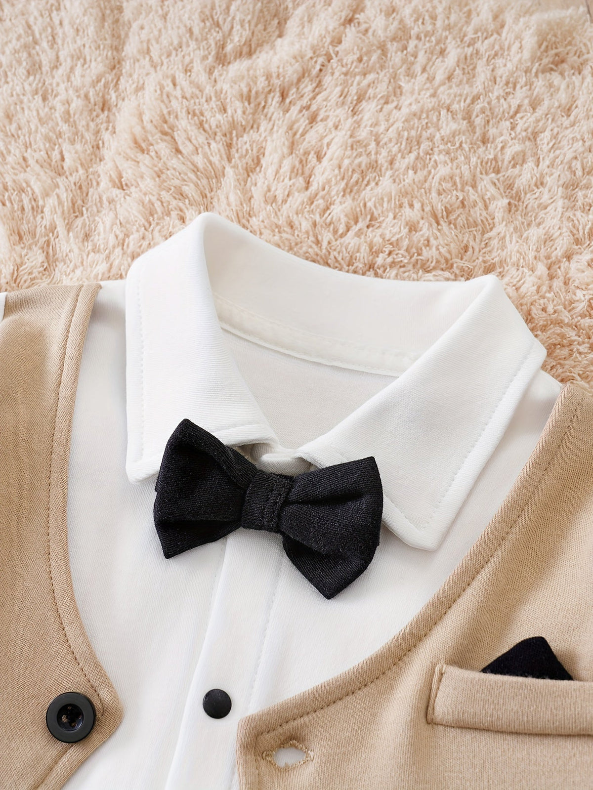 Baby Boy Formal Romper with Bow Tie | Dapper Tuxedo One-Piece Outfit for Infants & Toddlers | Cotton Gentleman Suit for Weddings | Thomler