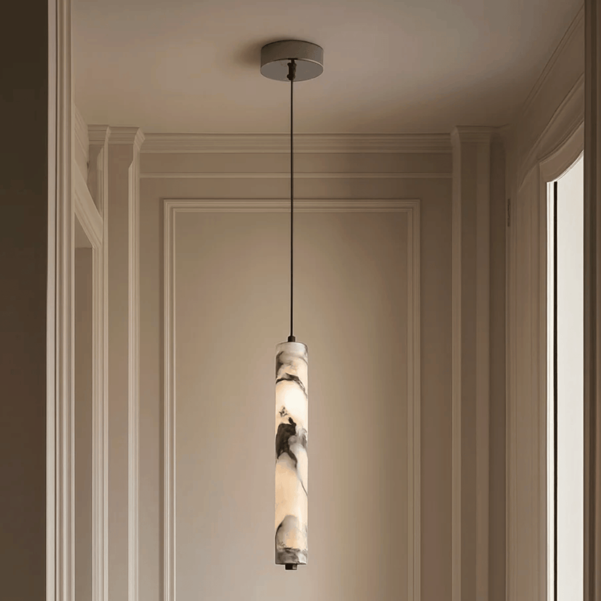 Carved Stone Cylinder Hanging Lamp – Real Natural Material with Warm Ambient Glow for Dining & Bedroom | Thomler