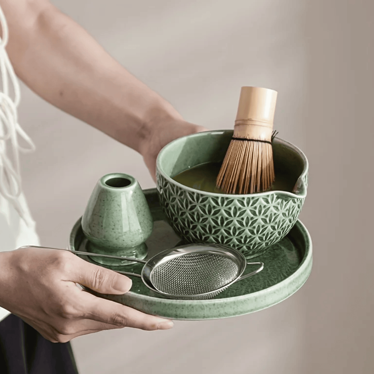 Handcrafted Ceramic Matcha Preparation Kit with Bamboo Whisk & Serving Tray for Traditional Tea Ceremony at Home, Office & Studio | Thomler
