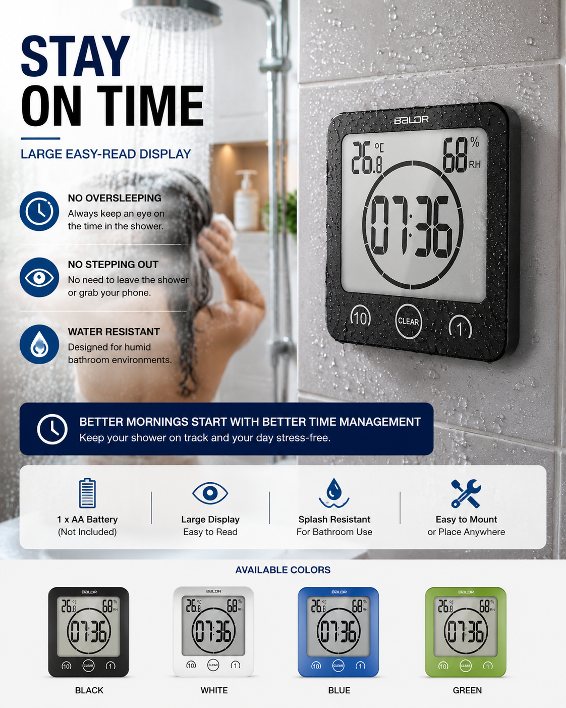 Waterproof Bathroom Shower Clock with Large Display for Time Management | Thomler