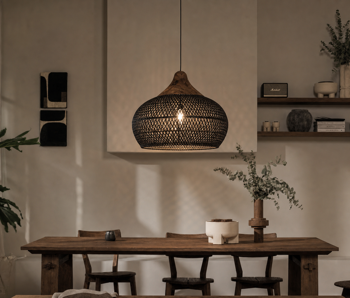 Handwoven Natural Fiber Ceiling Fixture with Ambient Shadow Play – Dome & Cylinder Styles | Thomler