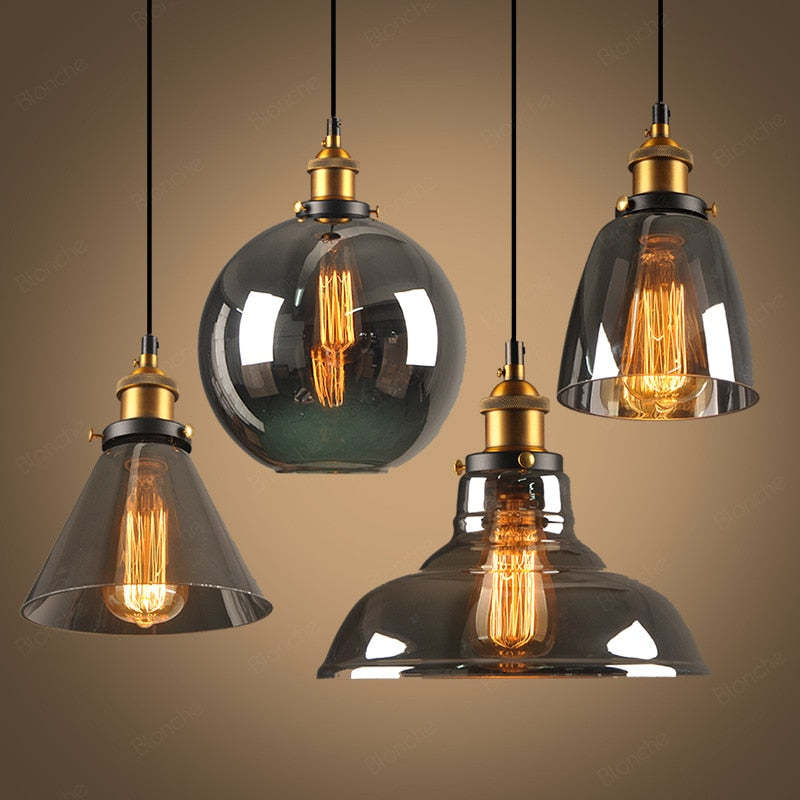 Industrial Glass Hanging Lamp Metal Frame Adjustable Drop Fixture for Kitchen Dining Living Spaces Clear Amber Smoke | Thomler