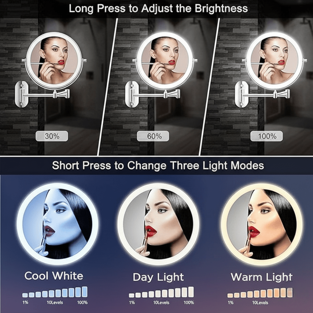 Mirror LED Magnifying 20.0 cm Rechargeable Dimmable Bathroom Makeup Vanity Cosmetic Wall Mirror | Thomler