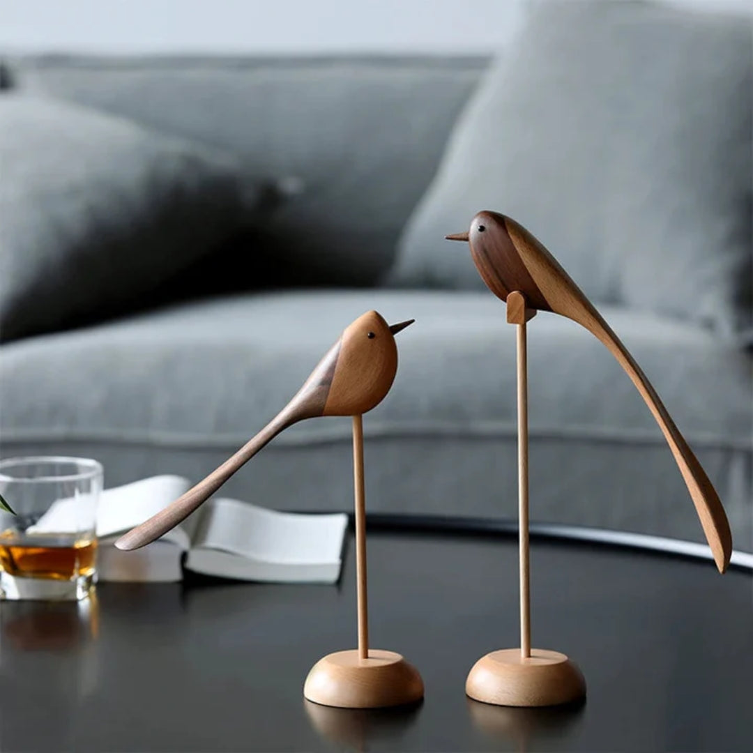 Handcrafted Wooden Bird Sculptures Set of 2 Decorative Figurines Modern Redwood Accent Pieces for Living Room Bedroom Office Mantel | Thomler