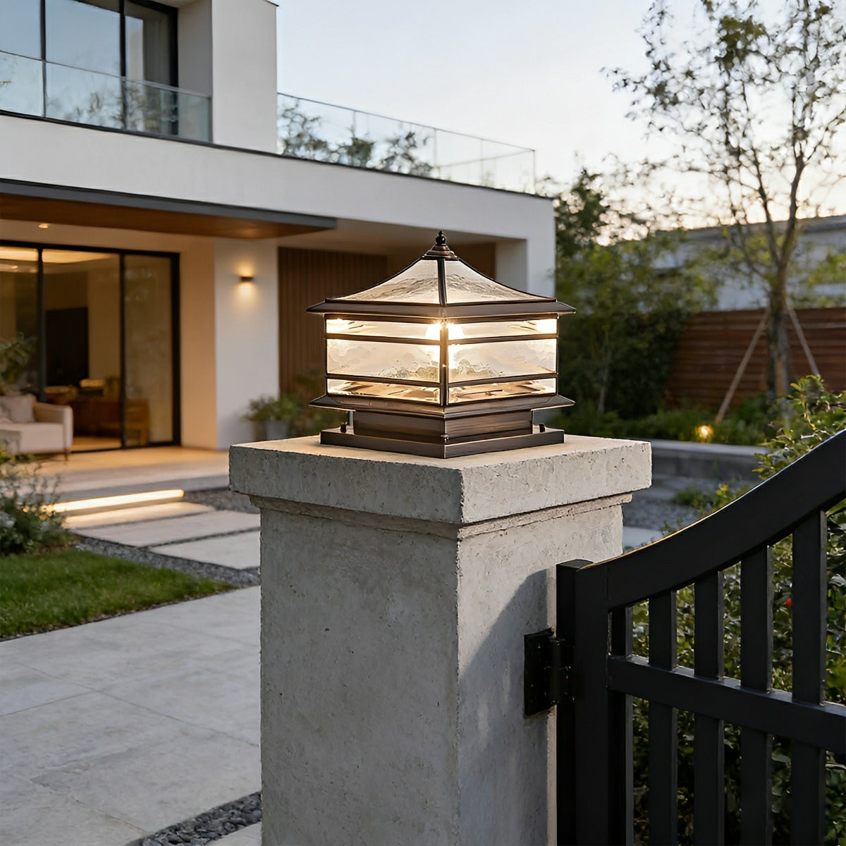 Solar Pillar Lantern for Fence Posts – Copper Finish Outdoor Column Light with Glass Panels, Weatherproof Post Cap Fixture for Entry | Thomler