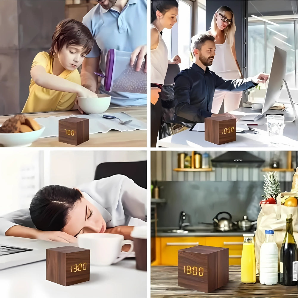 Wooden LED Cube Alarm Clock with Temperature Display and USB Power for Bedroom Nightstand Desk Office | Thomler
