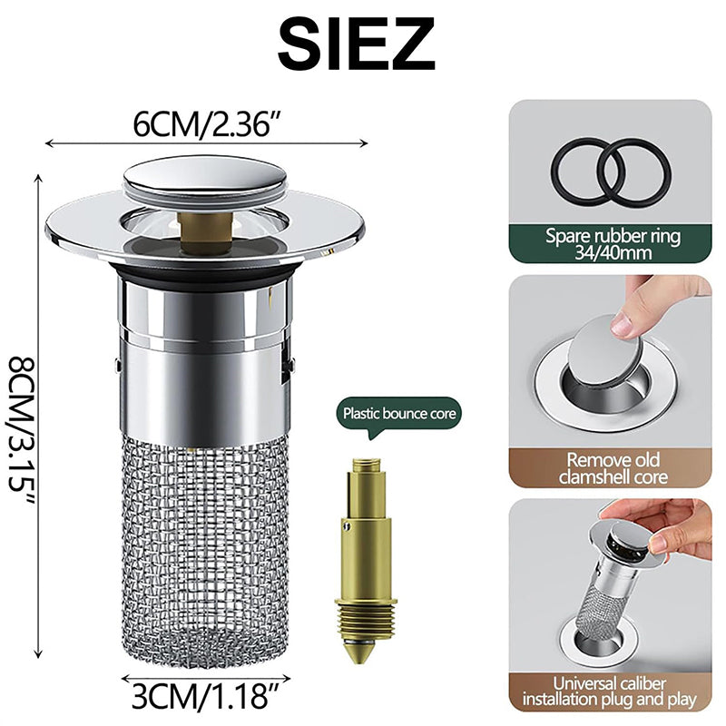 Pop-Up Bathroom Drain Filter with Hair Trap for Washbasin & Shower – Brass Core, Stainless Steel Basket, Universal Fit 1-1.2" Drains | Thomler