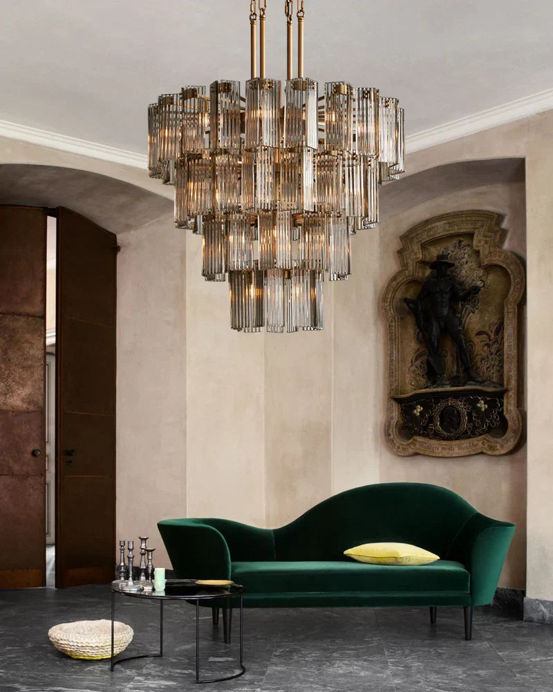 Circular Glass Panel Statement Chandelier 38-60 Inch Multi-Light Fixture for Dining Room Foyer High Ceiling Steel Frame Hanging Light | Thomler