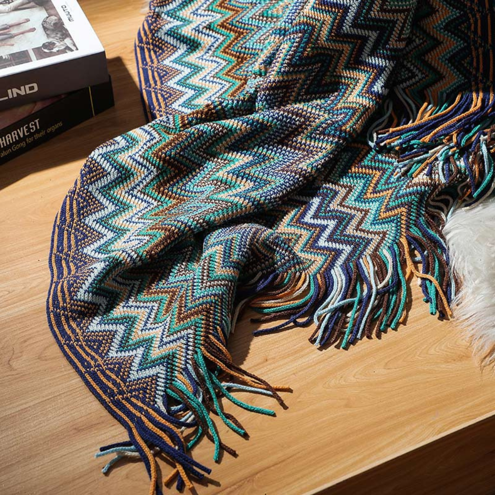 Chevron Knit Throw Blanket with Fringe Trim – Lightweight Acrylic for Year-Round Comfort | Thomler