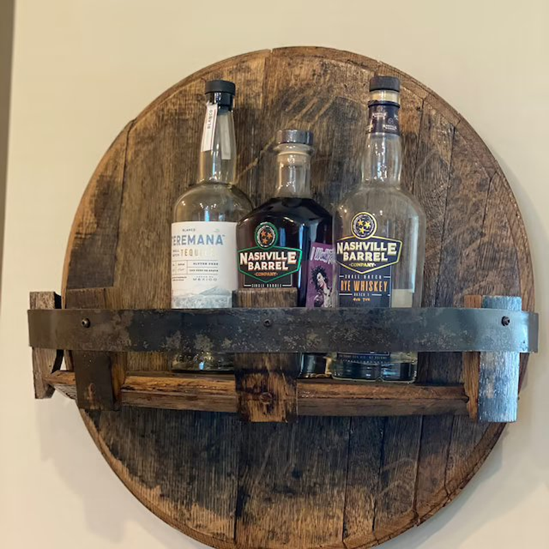 Round Barrel Wall Shelf – Solid Wood Floating Display for Bottles & Decor – Rustic Storage for Home Bar, Kitchen & Living Room | Thomler