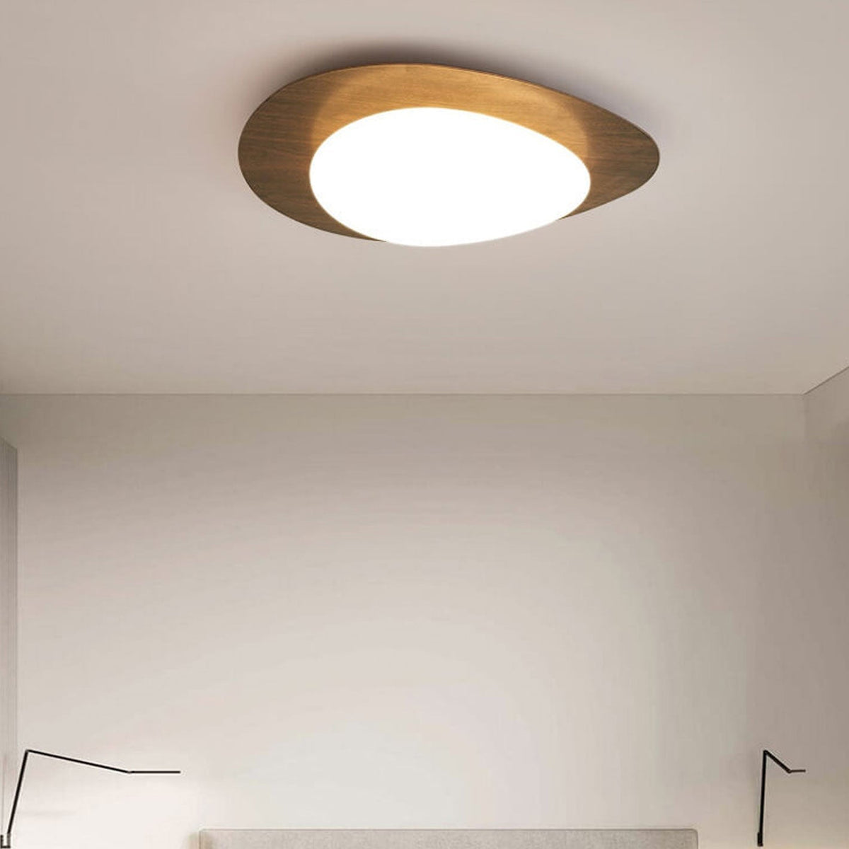 Oval Stone-Textured LED Ceiling Mount Light with Timber Finish for Bedrooms | Modern Hardwired Close-to-Ceiling Fixture for Living Rooms & | Thomler