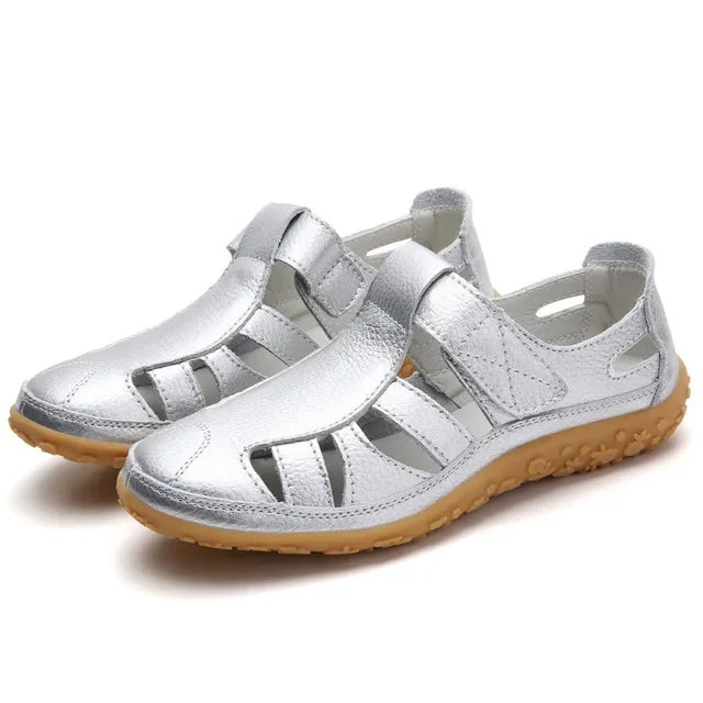 Women's Leather Sandals with Hook-and-Loop Straps & Cushioned Footbed | Summer Walking Shoes with Adjustable Fit | Thomler